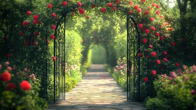 Romantic rose garden path with archway.