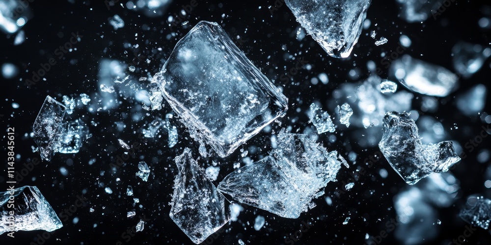 Aufkleber Crushed ice scattered against a dark background creates a striking visual. The dynamic shards of crushed ice evoke an explosion, showcasing the beauty of crushed ice in motion.