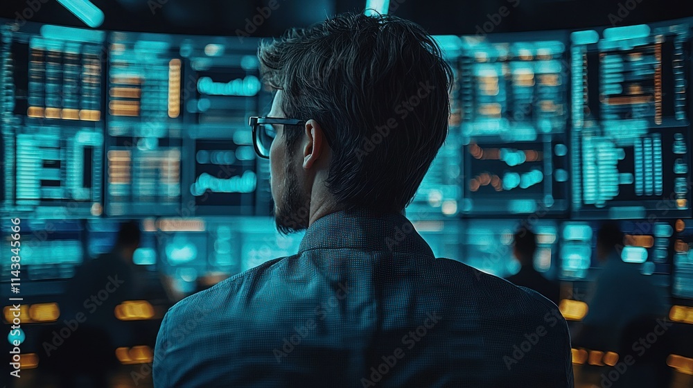 Aufkleber person observing data on multiple screens in a control room.