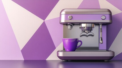 Purple espresso machine with cup against geometric background.