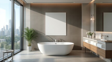 Contemporary Bathroom with Panoramic Windows, Bathtub, and Mockup Wall Space