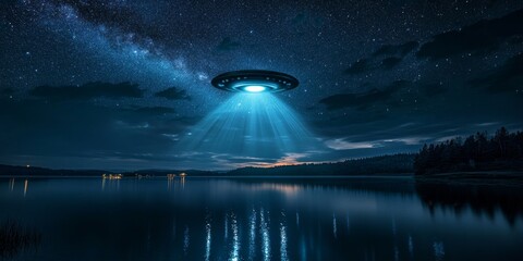 UFO above the lake, a nighttime scene featuring rays of light and reflections. The intriguing UFO adds a mystical element to the serene lake view in this captivating night image.