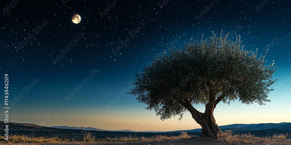Poster Isolated olive tree at dusk beneath a starry sky featuring the moon, creating a serene scene with the olive tree illuminated by the gentle twilight. This tranquil olive tree setting captivates.