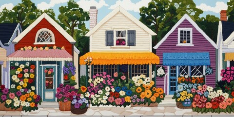Obraz premium Vibrant embroidered flowers and charming small buildings create a picturesque scene, showcasing the beauty of colorfully embroidered flowers amidst delightful architecture.