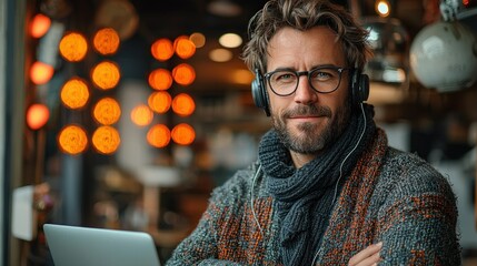 Obraz premium Man with headphones in a cozy caf? setting.