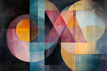 Colorful Abstract Geometric Landscape with Intersecting Shapes on Dark Background