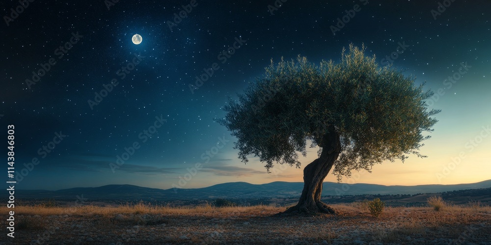 Poster Isolated olive tree at dusk beneath a starry sky featuring the moon, creating a serene scene with the olive tree illuminated by the gentle twilight. This tranquil olive tree setting captivates.