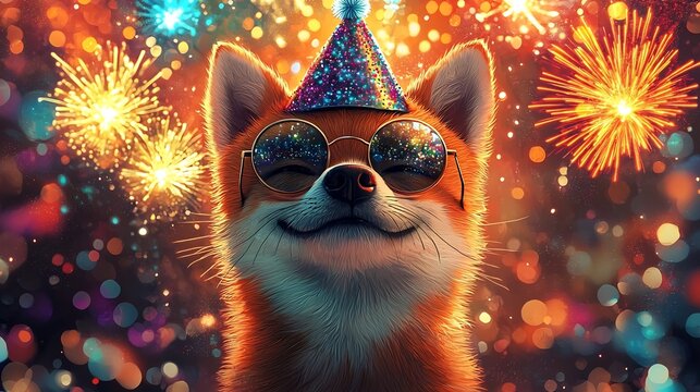 Cartoon of a cheerful and playful Shiba Inu dog wearing a party hat round glasses and surrounded by vibrant colorful fireworks to celebrate the arrival of New Year 2025