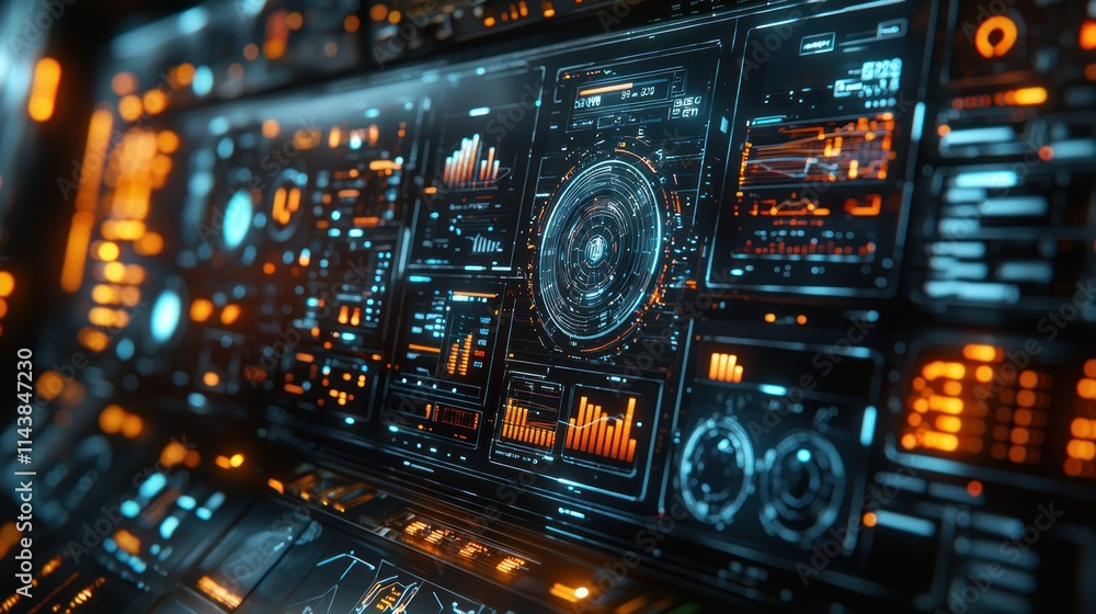 Poster futuristic control panel with data visualizations.
