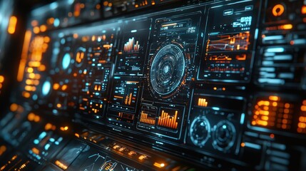 Obraz premium Futuristic control panel with data visualizations.