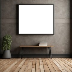 Modern minimalist interior design with blank frame and bench