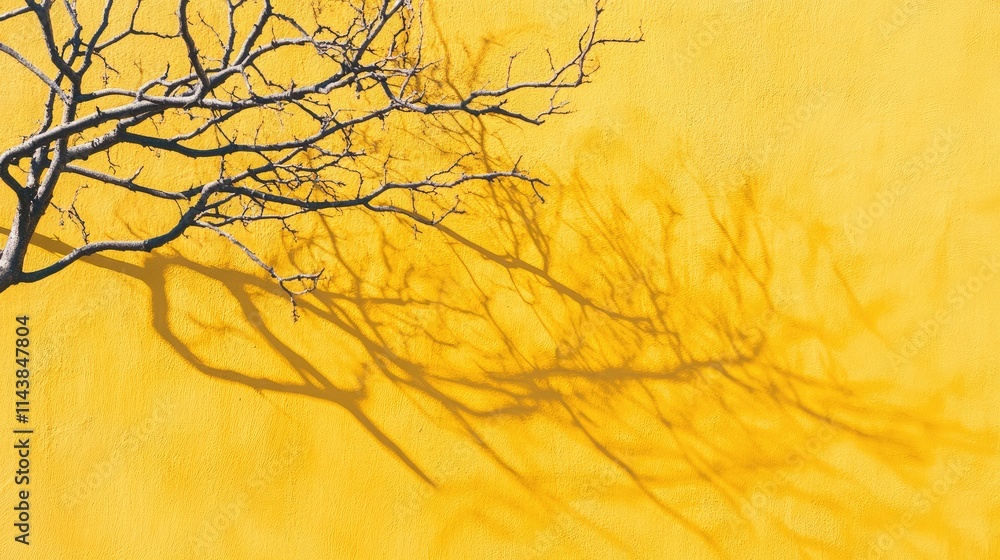 Poster artistic shadow play of a tree branch on a bright yellow wall capturing nature’s elegance and vibran