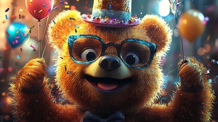 Cheerful Cartoon Bear Celebrates the Future with Party Popper and Confetti   A whimsical and playful image of a cartoon bear in an oversized 2025 themed top hat holding a party popper surrounded by