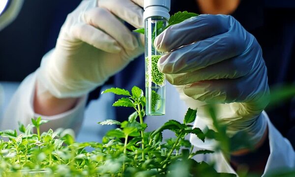 A scientist uses a pipette to extract samples from green plants in a laboratory setting.