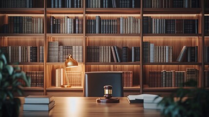 Judge's gavel on desk in law library.