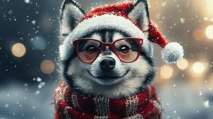 Delightful Siberian husky wearing playful Christmas themed glasses elf hat and cozy red and white scarf standing in a snowy winter wonderland setting