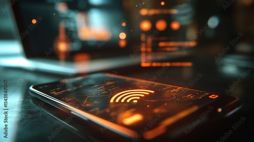 Poster a smartphone displaying digital data and connectivity symbols in a modern setting.