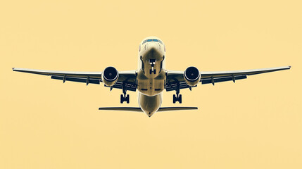 Airplane taking off into a clear sky isolated on yellow background