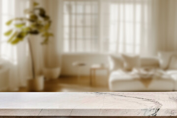 Empty marble top table with blurred living room interior Background. for product display.