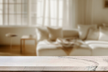 Empty marble top table with blurred living room interior Background. for product display.