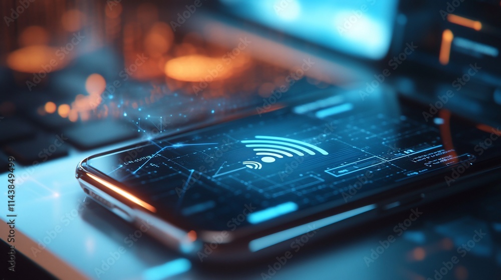 Poster a smartphone displaying a digital interface with a wi-fi symbol and data elements.