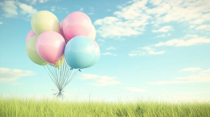 Obraz premium Colorful Balloons Floating Above Lush Green Grass Under Bright Blue Sky with Soft White Clouds, Symbolizing Joy, Celebration, and Freedom in a Scenic Outdoor Setting