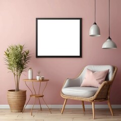 Modern minimalist living room interior design with pink accents