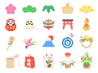 いろいろな正月のドット絵のイラストセット