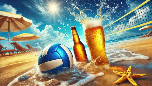 beer and volleyball on yellow sandy beach, blue sky, blurred background of ocean waves