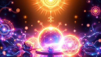 Mystical alchemist composition showcasing radiant metallic orbs, glowing energy symbols, and softly blended light gradients