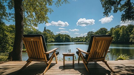 Obraz premium Two wooden chairs on a deck overlooking a calm lake under a sunny sky.