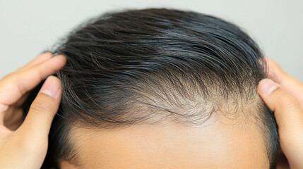 Fototapeta premium Person examining thinning hair in mirror, reflecting on aging and self-care. Embracing natural changes and prioritizing health and well-being.