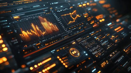 Obraz premium Data visualization with graphs and metrics in orange tones.