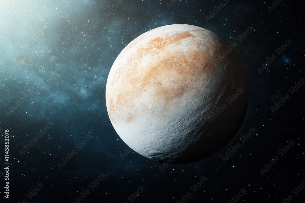 Poster captivating rendering of a distant planet surrounded by stars and cosmic elements, evoking a sense o