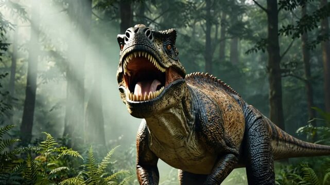 a t rex dinosaur is in the jungle close up