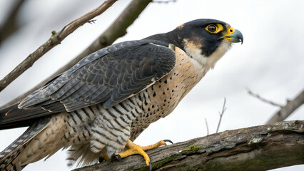 Fototapeta premium Close-up of a peregrine falcon perched on a branch, showcasing its striking plumage and piercing eyes, perfect for wildlife photography and bird-themed art