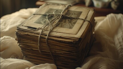 Stack of old, tied-up photographs and papers on a bed, representing memories and history.