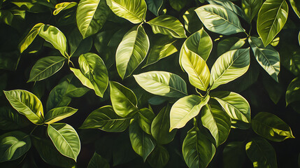 A detailed view of vibrant green leaves, with sunlight filtering through to highlight their intricate veins 