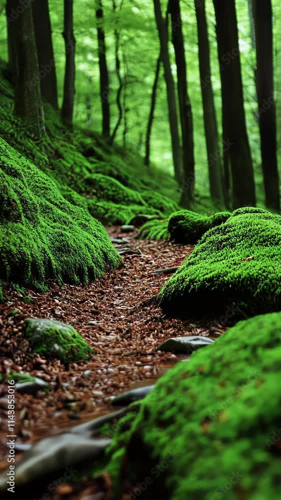 Poster lush green forest trail with moss-covered rocks and a winding path through trees in springtime