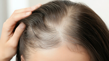 Obraz premium Person examining thinning hair in mirror, reflecting on aging and self-care. Embracing natural changes and prioritizing health and well-being.