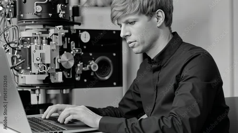 Poster researcher working on advanced technology in a laboratory setting during daytime