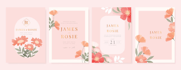 Elegant wedding invitation card background vector. Minimal hand painted pink and peach watercolor botanical flowers texture. Design illustration for wedding, vip cover, poster, rsvp modern card.
