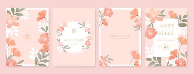 Elegant wedding invitation card background vector. Minimal hand painted pink and peach watercolor botanical flowers texture. Design illustration for wedding, vip cover, poster, rsvp modern card.
