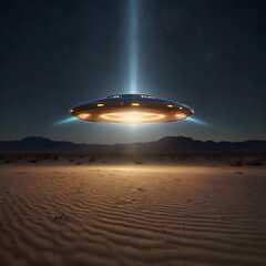 Obraz premium A glowing UFO hovering above a serene desert landscape at night, casting vibrant beams of light onto the sand, with a starry sky in the background,Generative Ai 