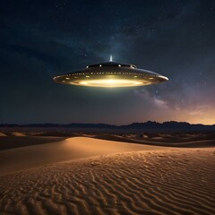 Obraz premium A glowing UFO hovering above a serene desert landscape at night, casting vibrant beams of light onto the sand, with a starry sky in the background,Generative Ai 