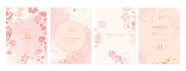 Elegant wedding invitation card background vector. Minimal hand painted pink and peach watercolor botanical flowers texture. Design illustration for wedding, vip cover, poster, rsvp modern card.