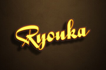 Yellow Neon Light Text Effect of Japanese name Ryouka on Golden background.