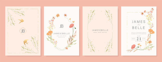 Elegant wedding invitation card background vector. Minimal hand painted pink and peach watercolor botanical flowers texture. Design illustration for wedding, vip cover, poster, rsvp modern card.