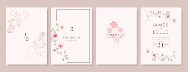 Elegant wedding invitation card background vector. Minimal hand painted pink and peach watercolor botanical flowers texture. Design illustration for wedding, vip cover, poster, rsvp modern card.