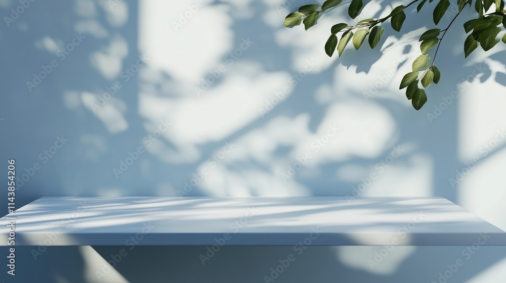 Poster bright shadows cast on a minimalist white table with delicate leafy branches in a serene indoor sett
